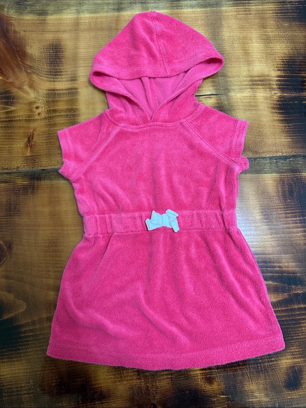 Girls Hooded Terry Dress in Bright Pink with White Bow